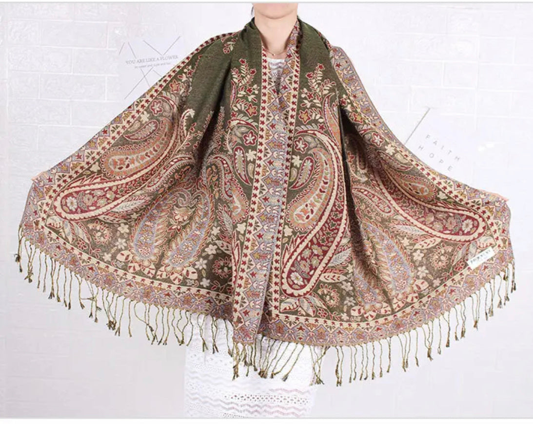 Olive Paisley Multicolored Pashmina Scarf (with gift box)