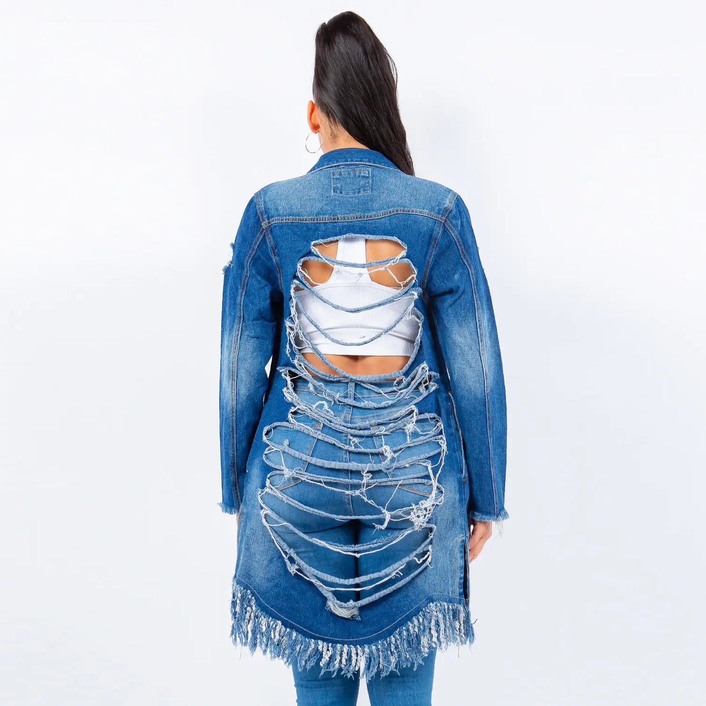 (S-3x) Fringed Cutout Denim Shirt Jacket