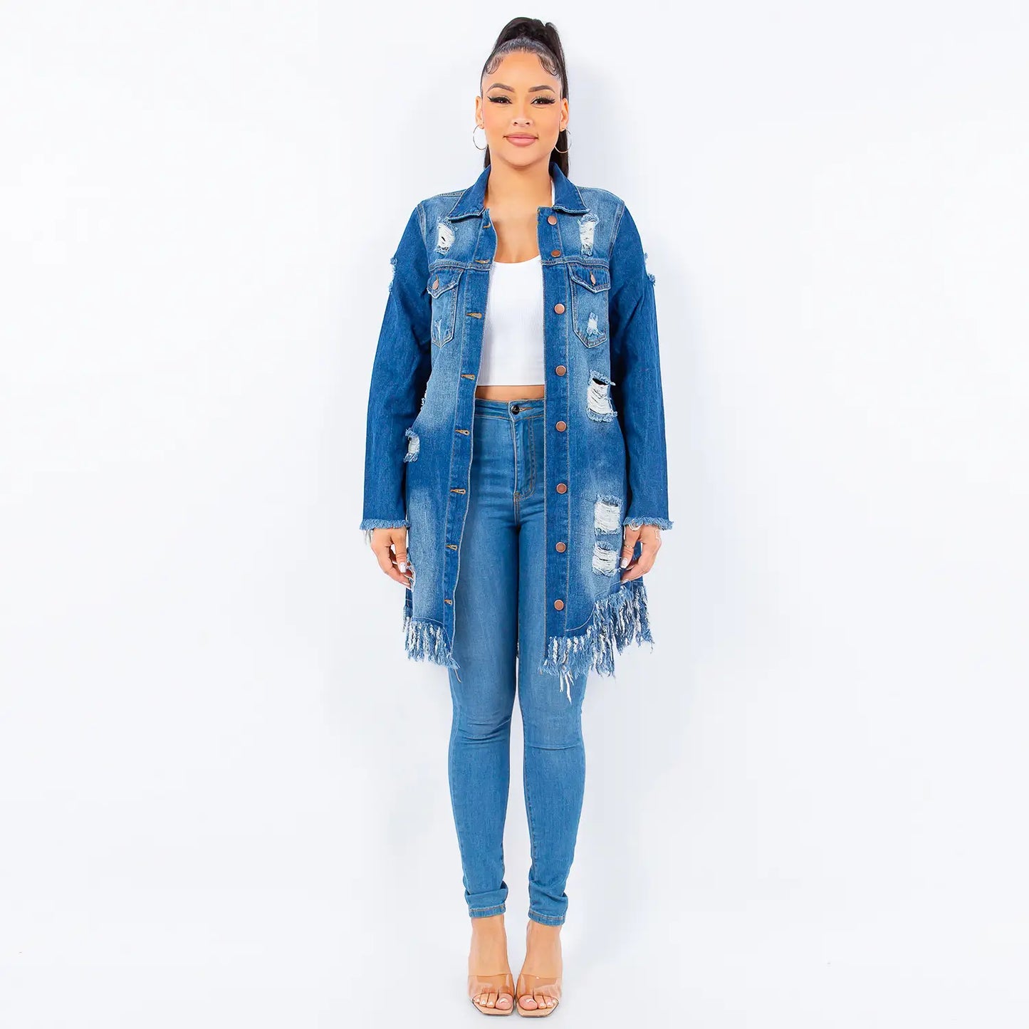 (S-3x) Fringed Cutout Denim Shirt Jacket