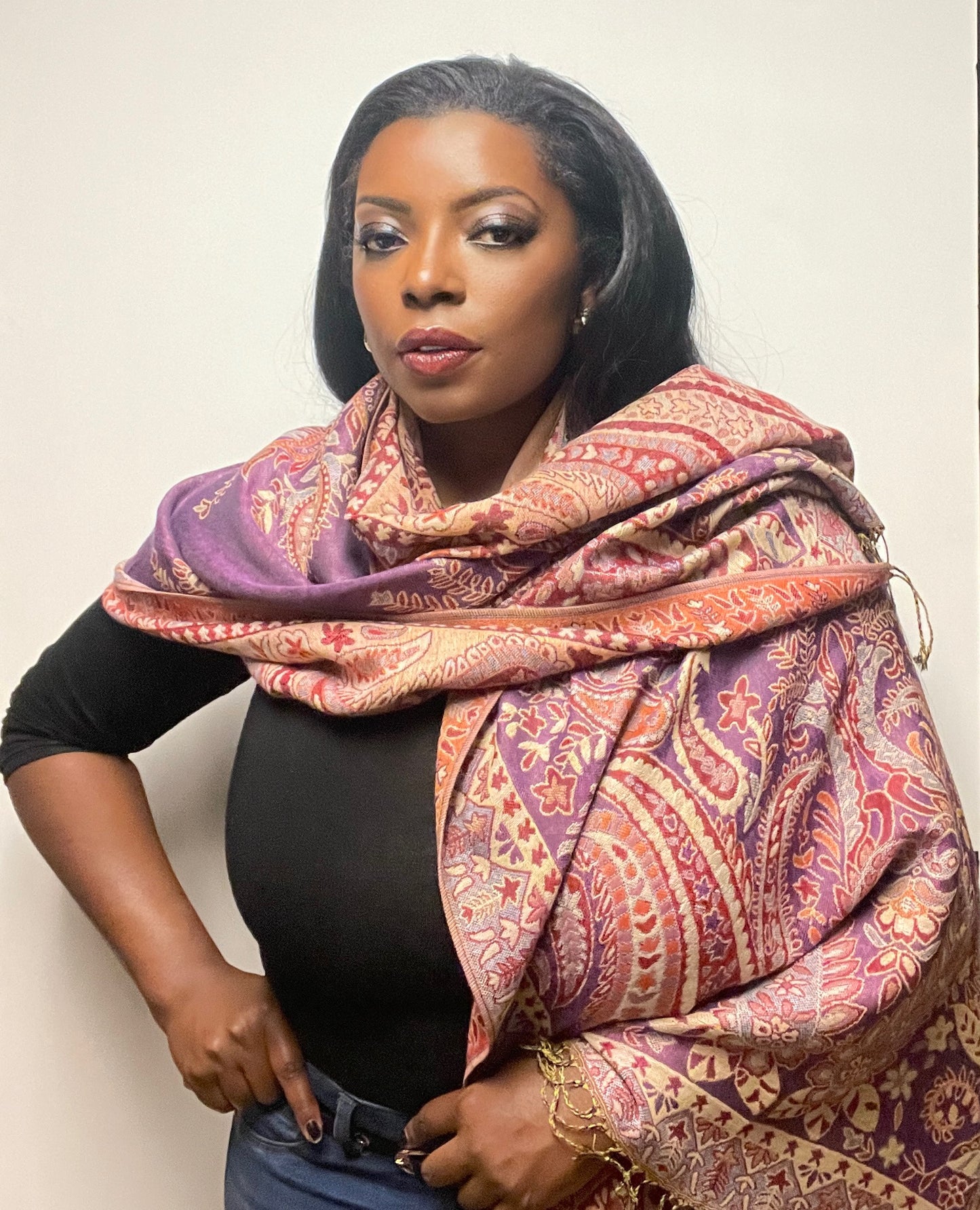 Purple Paisley Multicolored Pashmina Scarf (with gift box)