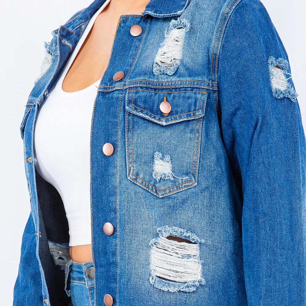 (S-3x) Fringed Cutout Denim Shirt Jacket