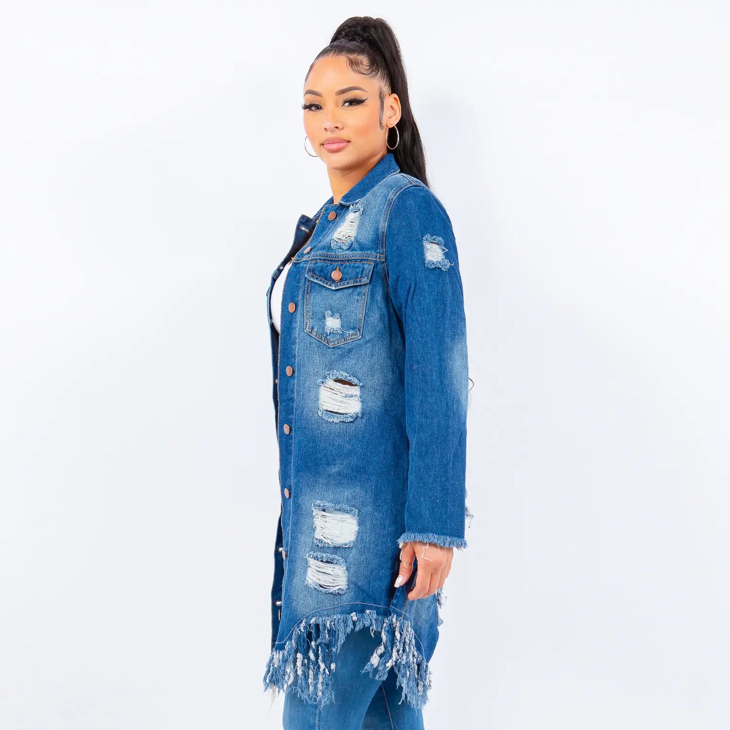 (S-3x) Fringed Cutout Denim Shirt Jacket