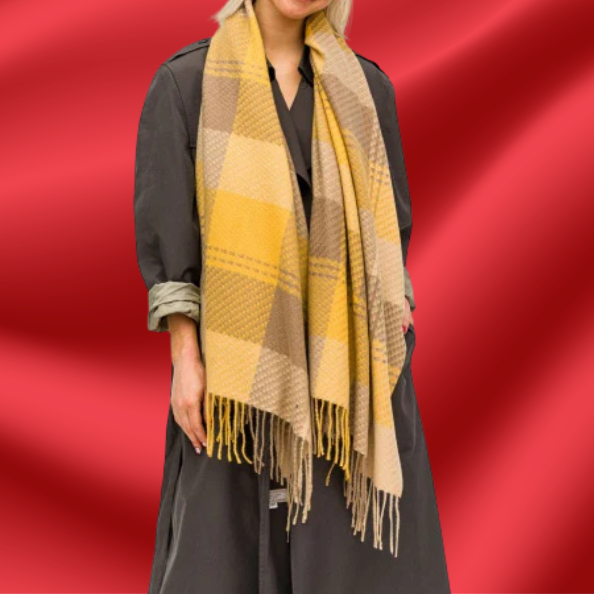 Yellow and Tan Hue Plaid Fringe Scarf
