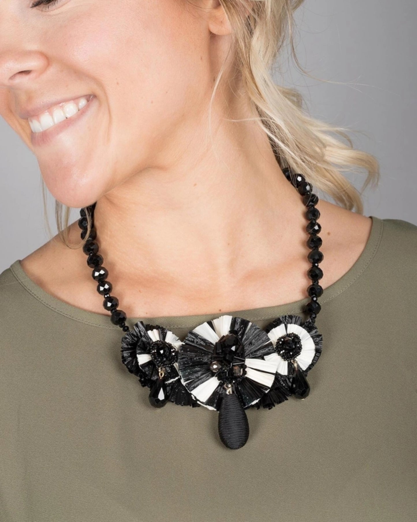 Black Beaded and Raffia Statement Necklace