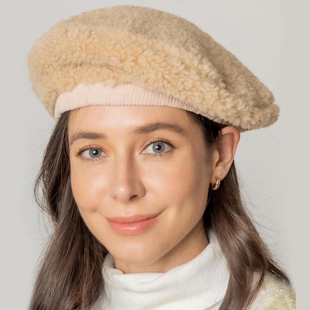 Stylish Beige Sherpa Beret Hat