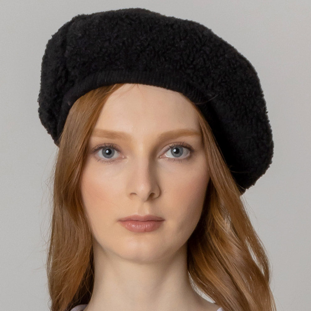 Stylish Black Sherpa Beret Hat