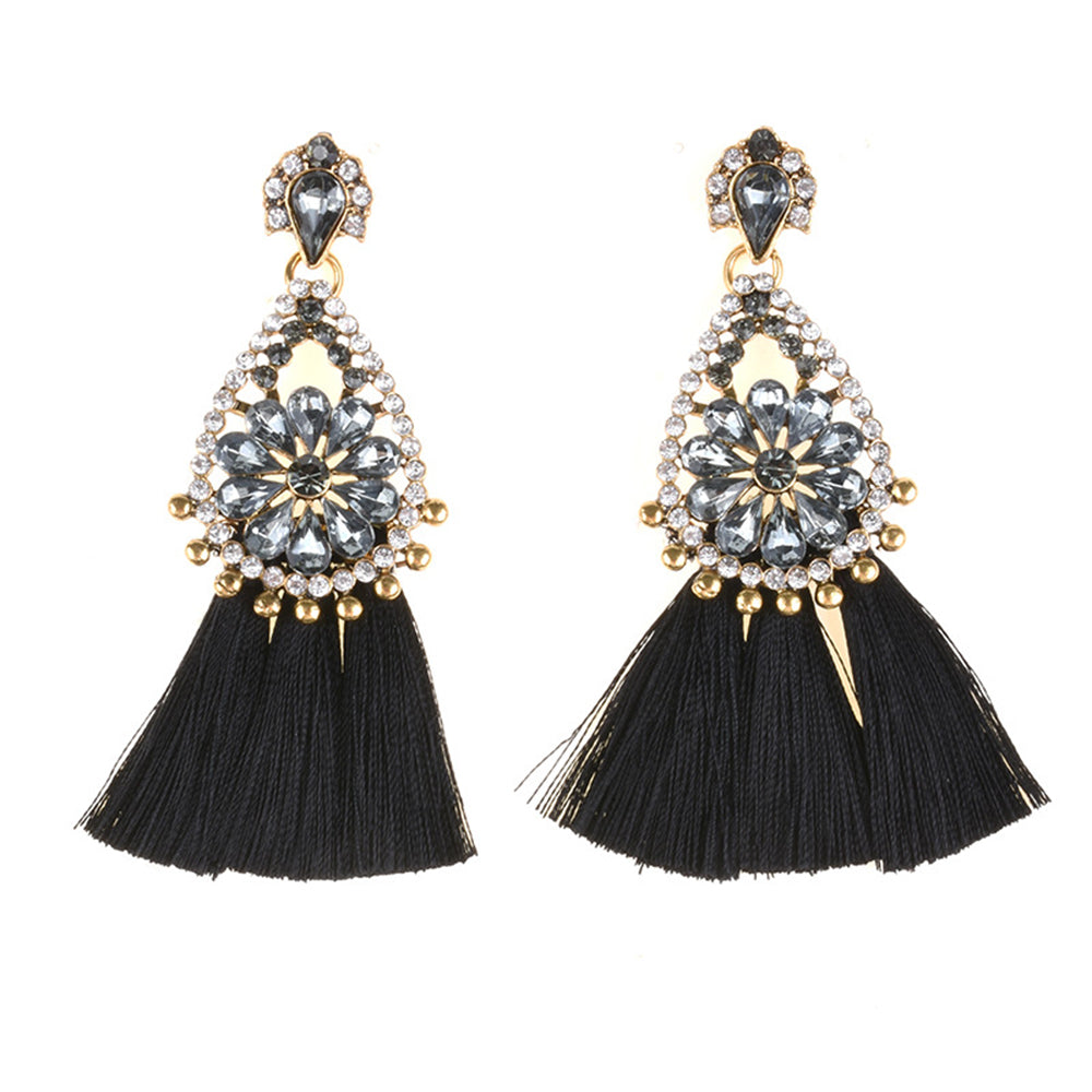 AJS Black Tassel and Rhinestone Earrings