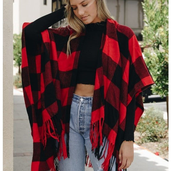 Fringed Buffalo Plaid Print Red and Black Ruana / Shawl