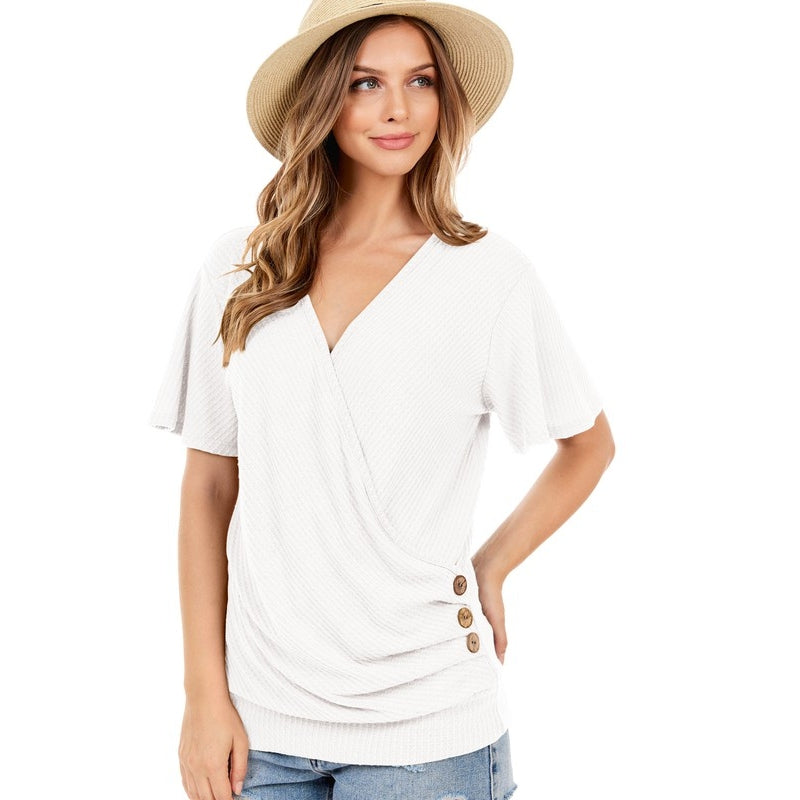 White Surplice Wrap Top with Button Embellishment