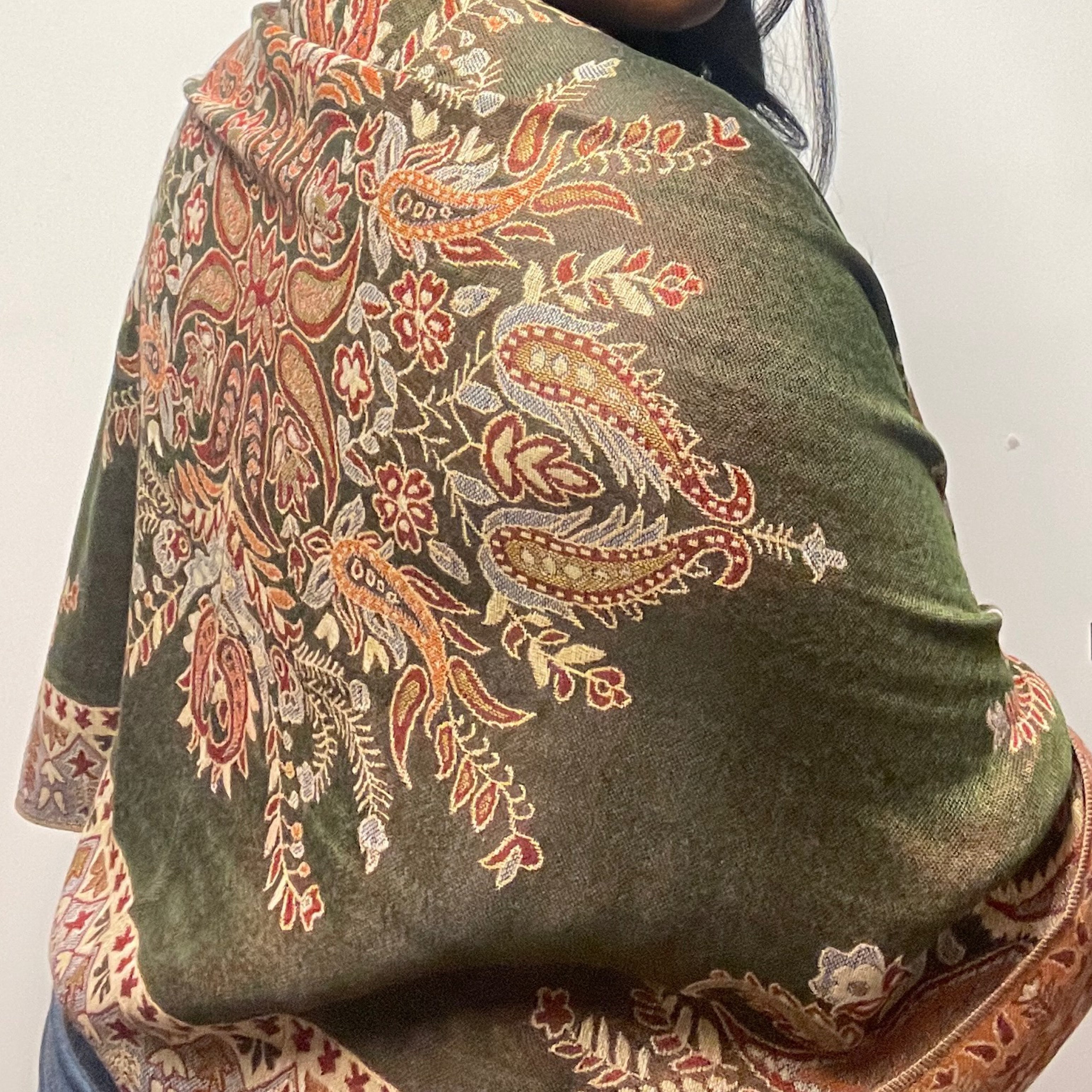 Olive Green Paisley Multicolored Pashmina Scarf