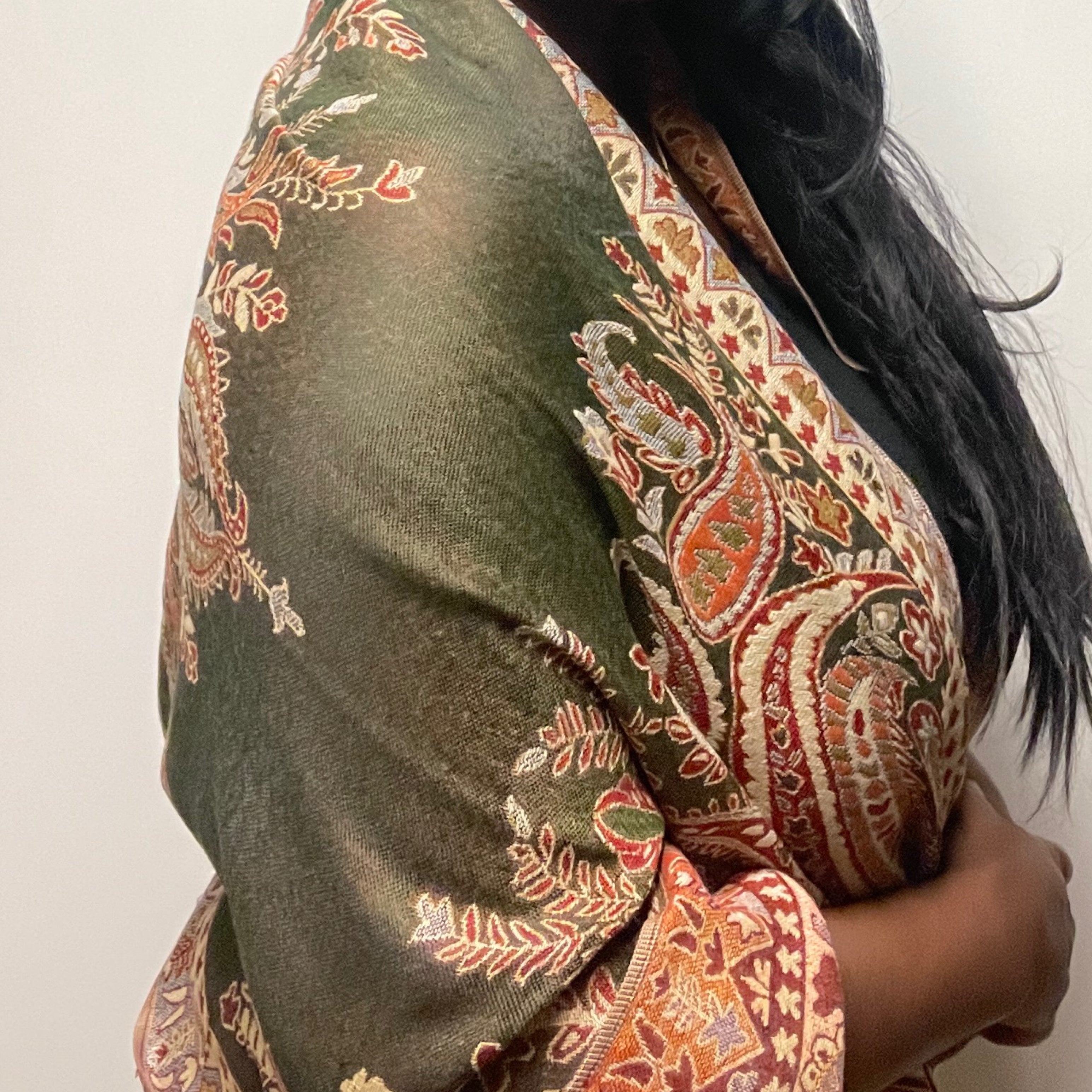 Olive Green Paisley Multicolored Pashmina Scarf