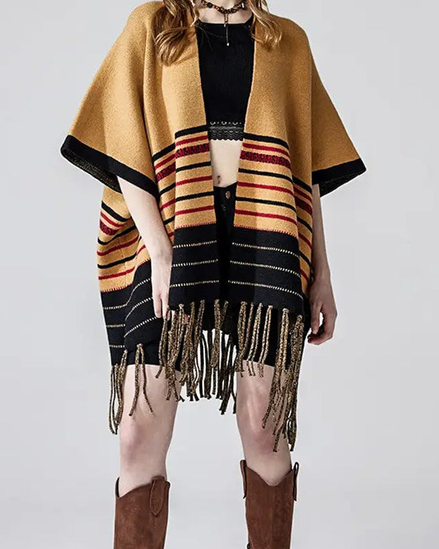 Camel Black Red Striped Fringe Cardigan