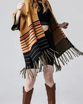 Camel Black Red Striped Fringe Cardigan