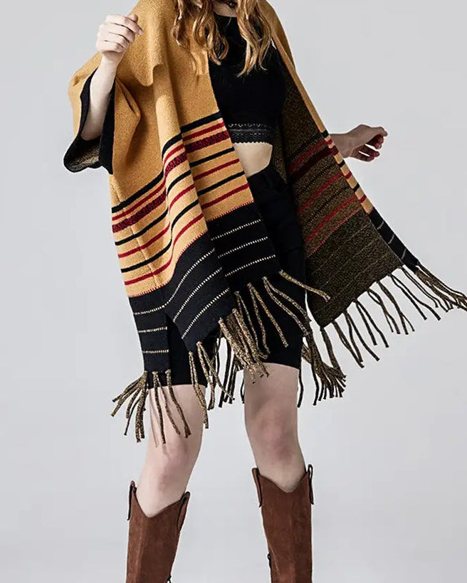 Camel Black Red Striped Fringe Cardigan