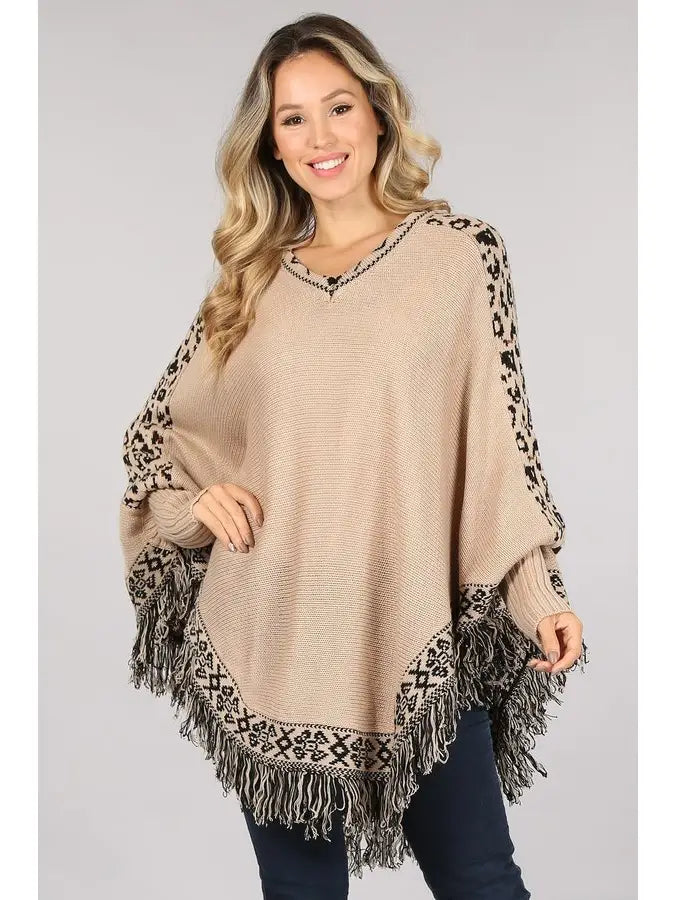 Tan and Animal Print Embellished Fringe Lined Poncho Sweater