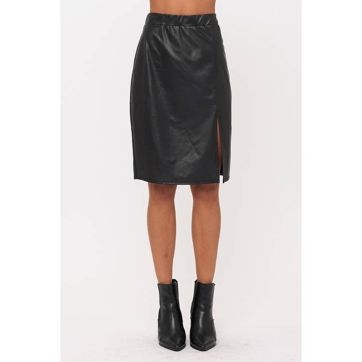 Elastic Waist Brown Faux Leather Skirt