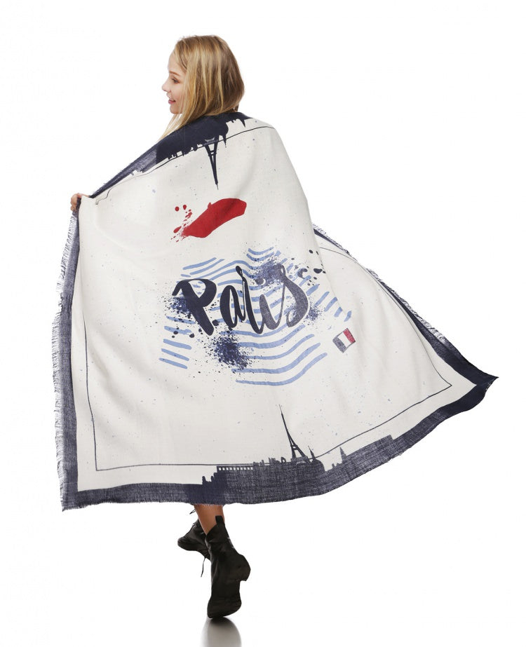 Paris Themed Ivory Blue and Red Spring Scarf