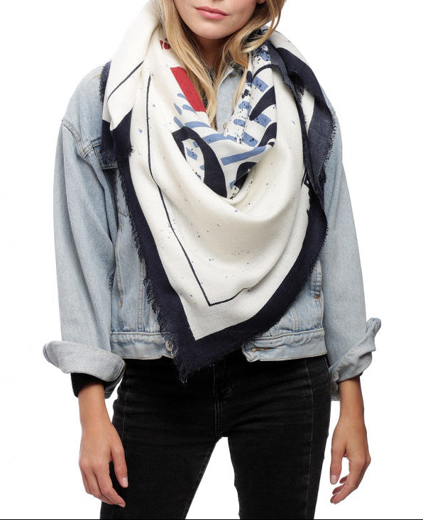 Paris Themed Ivory Blue and Red Spring Scarf