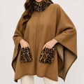 Camel Zip Up Poncho with Faux Fur Animal Print Trim