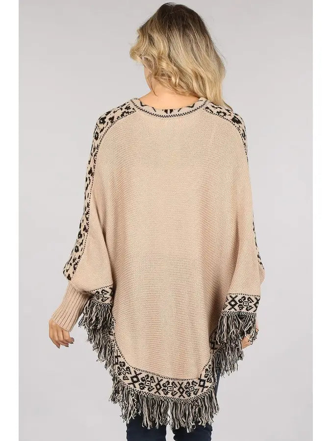 Tan and Animal Print Embellished Fringe Lined Poncho Sweater