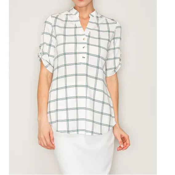 Printed Brushed V-Neck Button Up Top