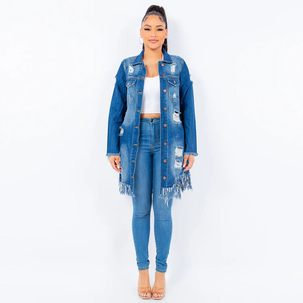 (S-3x) Fringed Cutout Denim Shirt Jacket