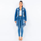 (S-3x) Fringed Cutout Denim Shirt Jacket
