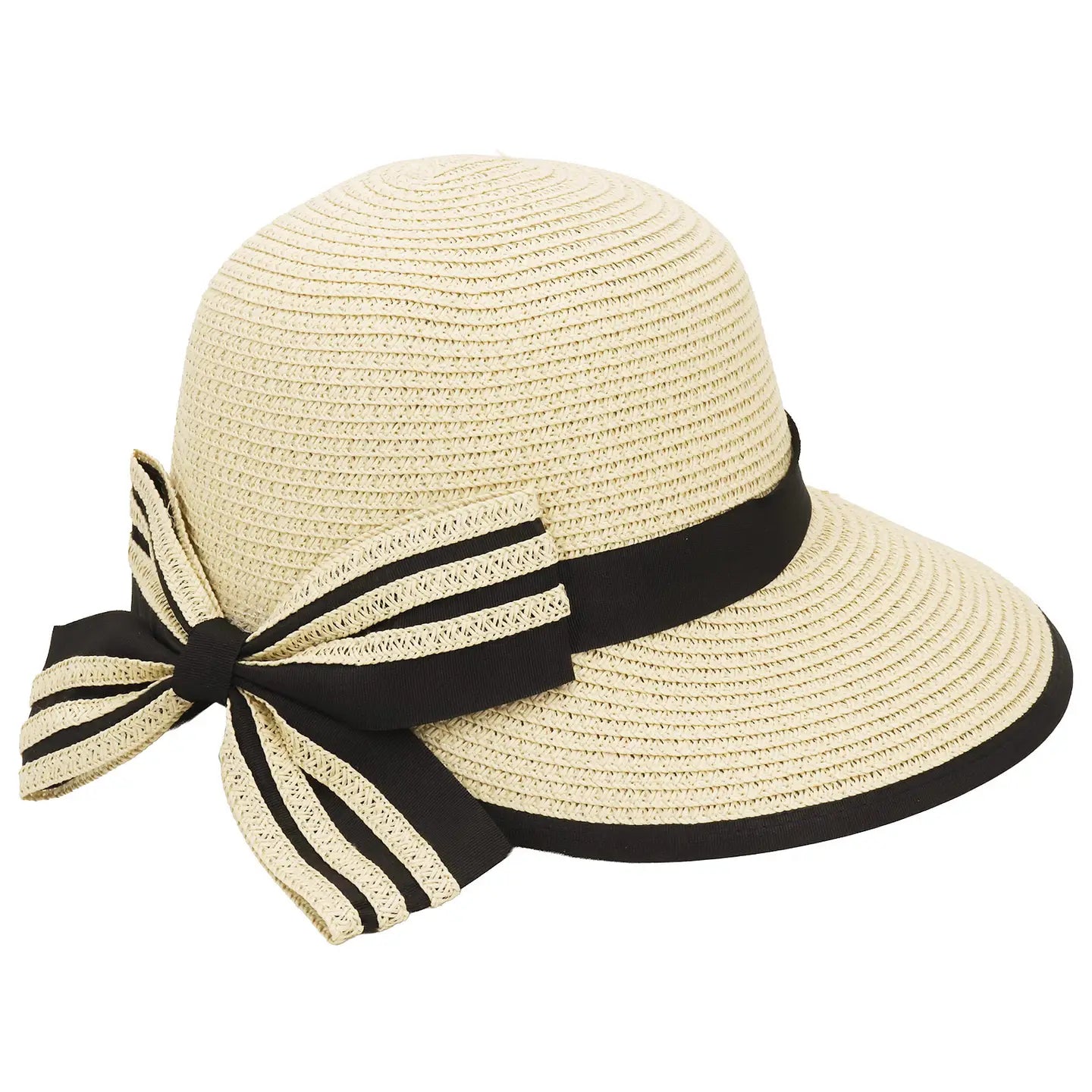 Beige Striped Bow Embellished Bucket Hat