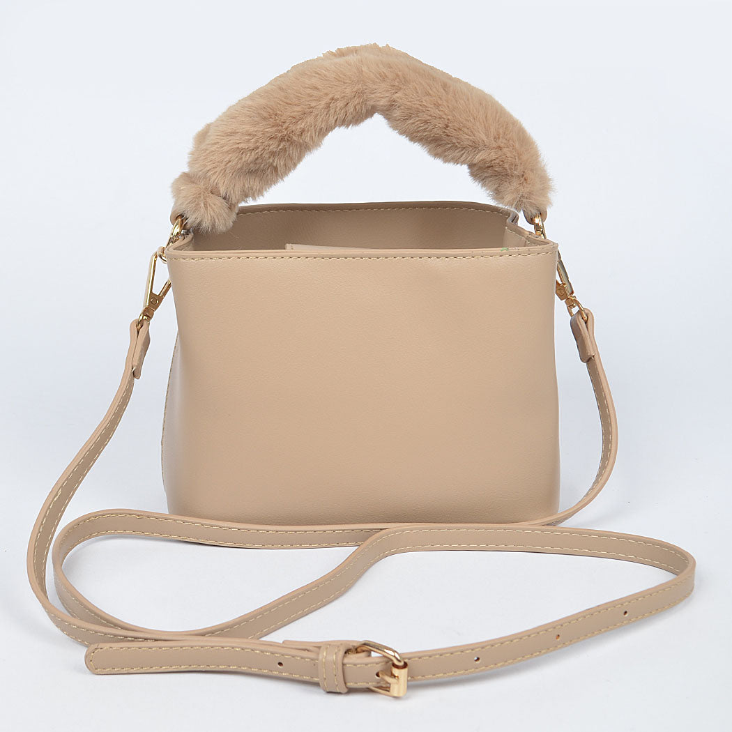 Tan Faux Fur Trim Handle Mini Bag