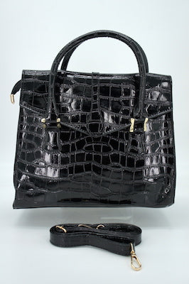 Faux Crocodile Patent Leather Lady Bag (Black)