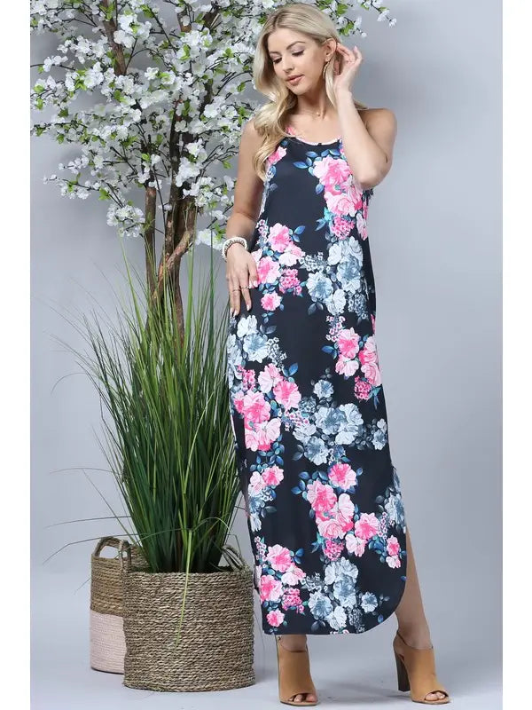 Floral Maxi Dress with Pockets - Black