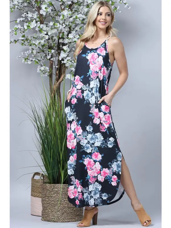 Floral Maxi Dress with Pockets - Black