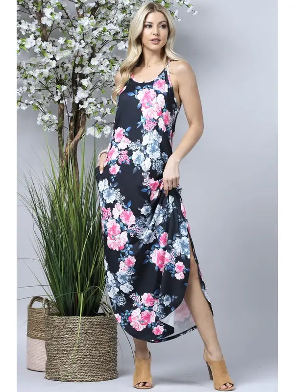 Floral Maxi Dress with Pockets - Black