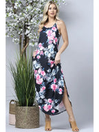 Floral Maxi Dress with Pockets - Black