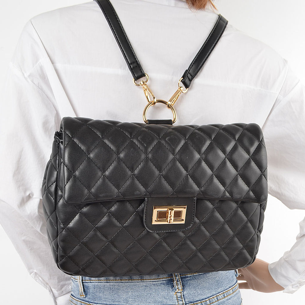 Quilted Faux Leather Chic Mini Bag Backpack (Black)