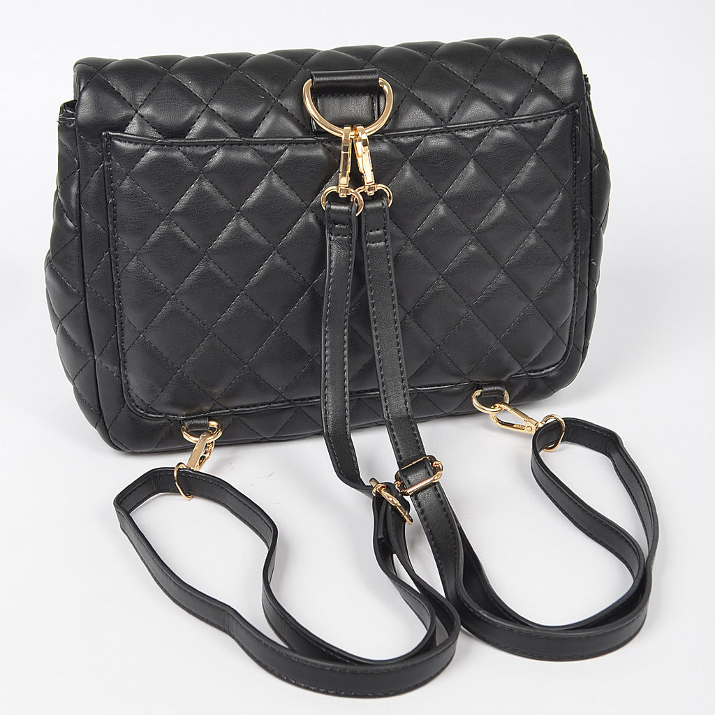 Quilted Faux Leather Chic Mini Bag Backpack (Black)