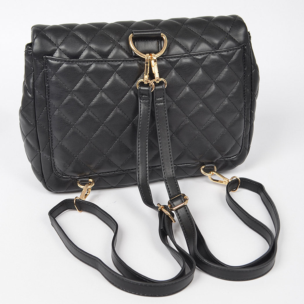 Quilted Faux Leather Chic Mini Bag Backpack (Black)