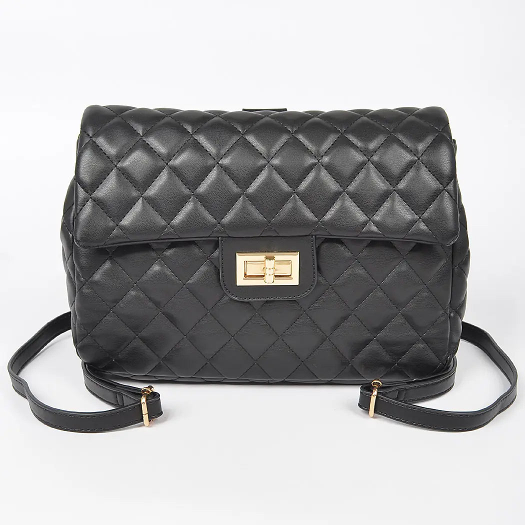 Quilted Faux Leather Chic Mini Bag Backpack (Black)