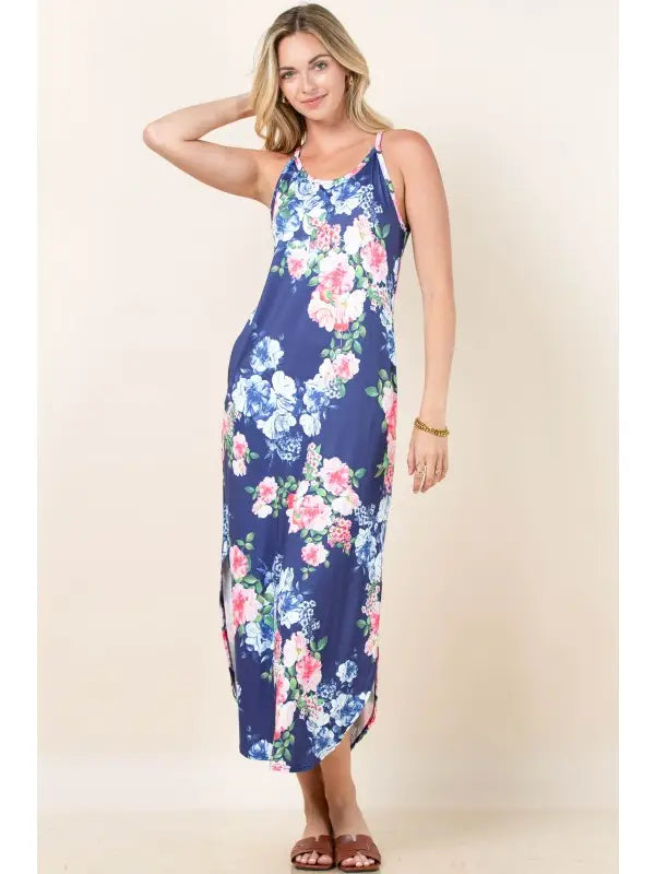 Floral Maxi Dress with Pockets - Blue