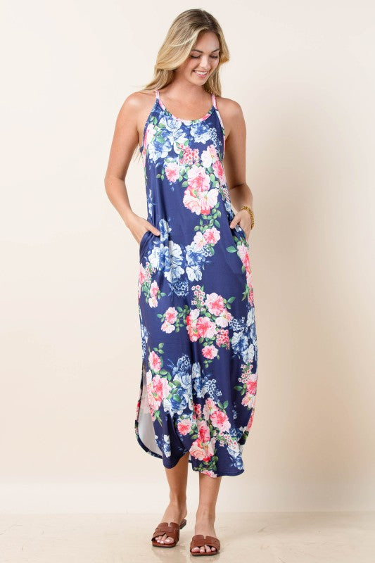 Floral Maxi Dress with Pockets - Blue