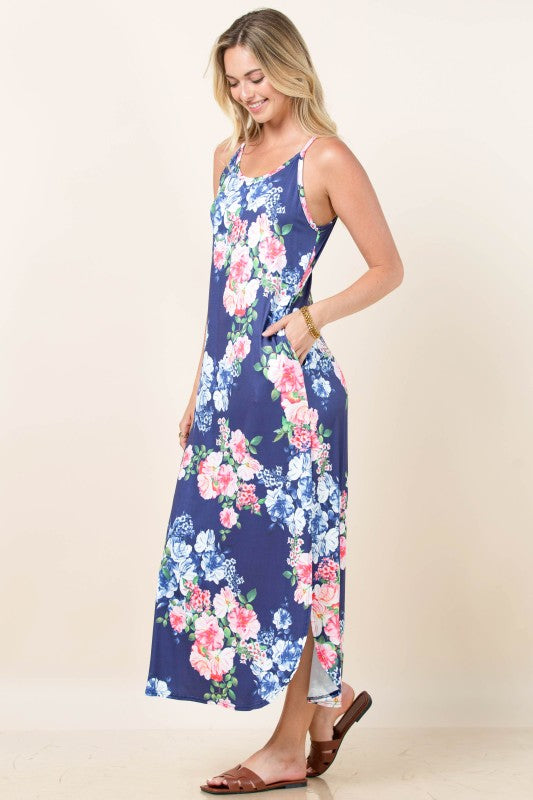 Floral Maxi Dress with Pockets - Blue