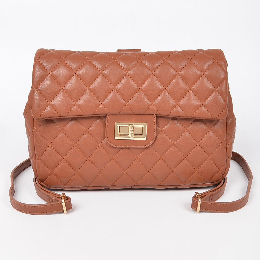 Quilted Faux Leather Chic Mini Bag Backpack (Camel Brown)