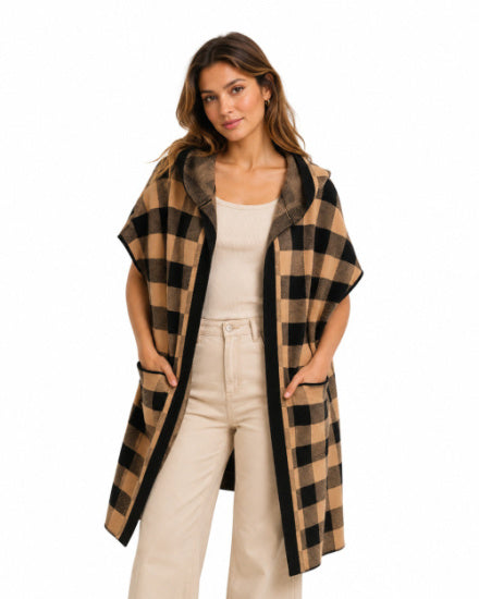Checkered Hooded Knit Vest with Pockets