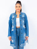 (S-3x) Fringed Cutout Denim Shirt Jacket