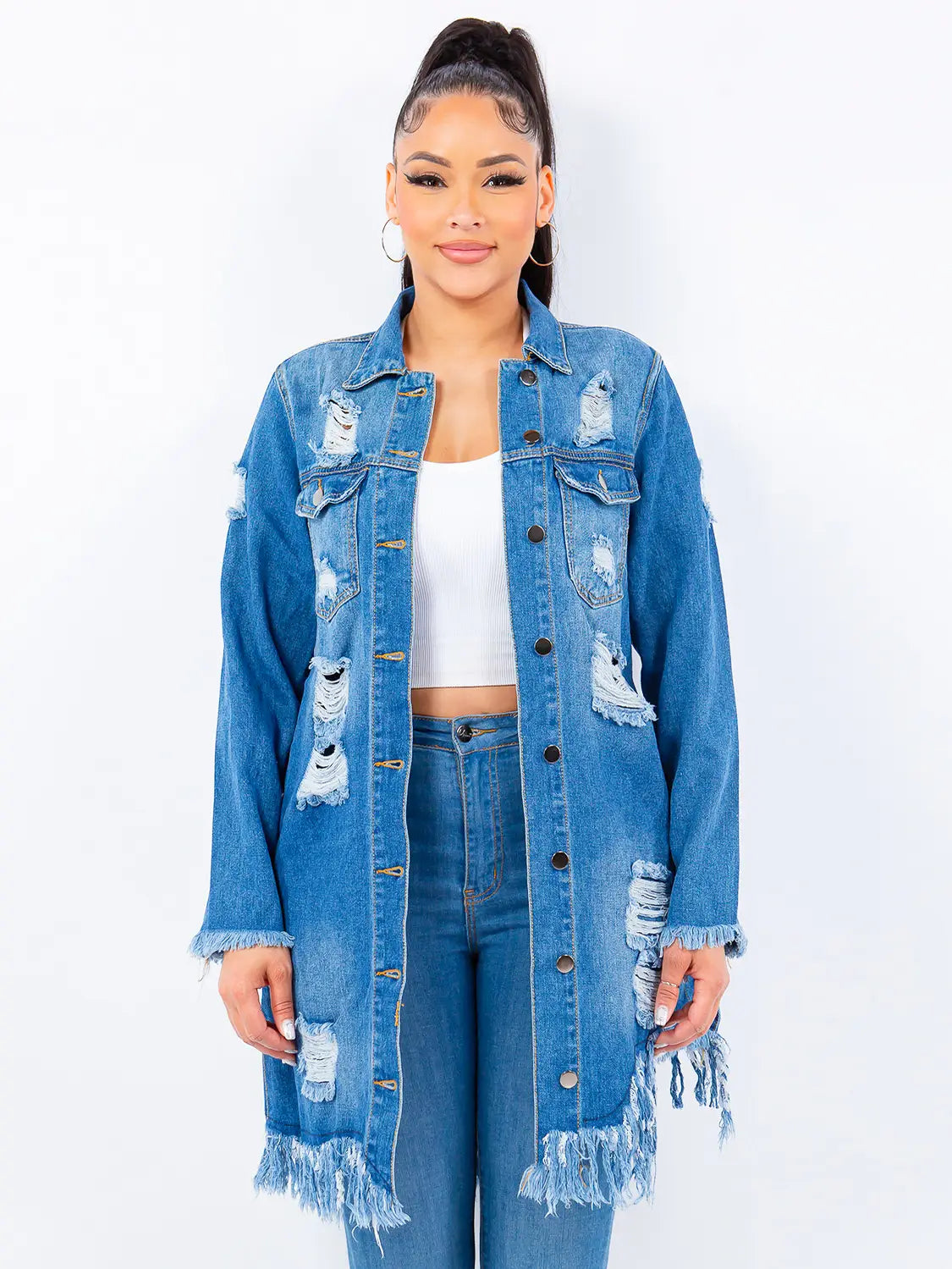 (S-3x) Fringed Cutout Denim Shirt Jacket