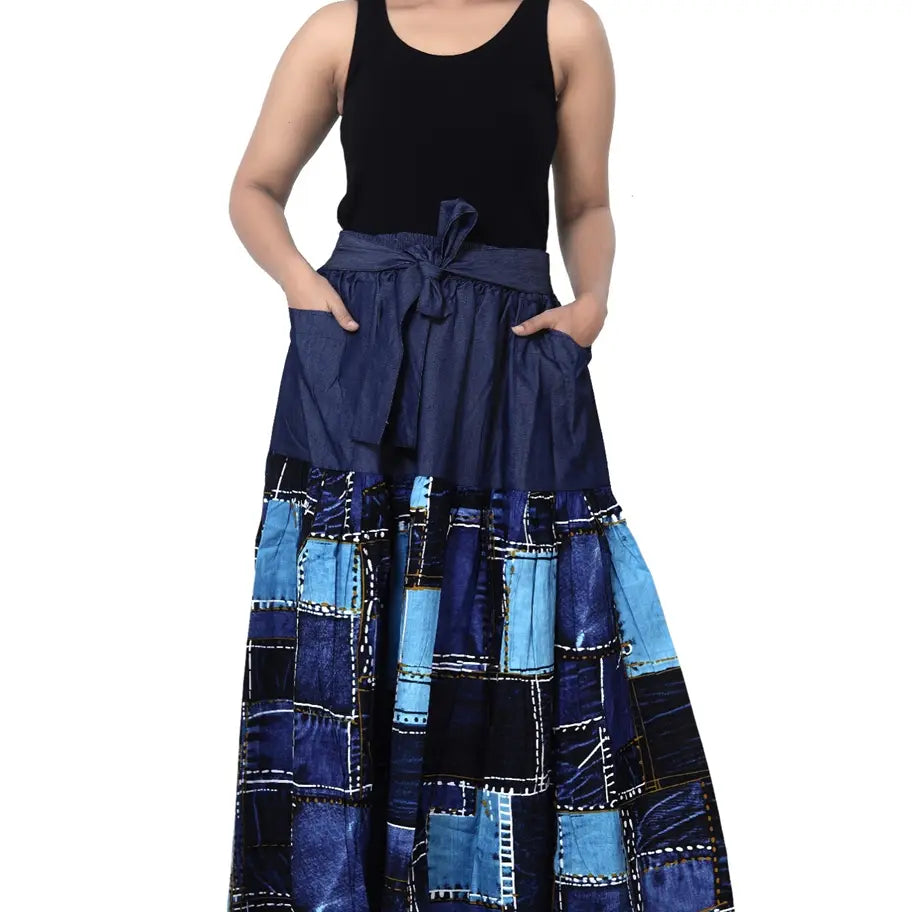 100 % Cotton Denim/Printed Skirt - Authentic African Wax (Fits Size 6 - 16)