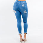 (S-3x) High Waist Frayed Denim Joggers