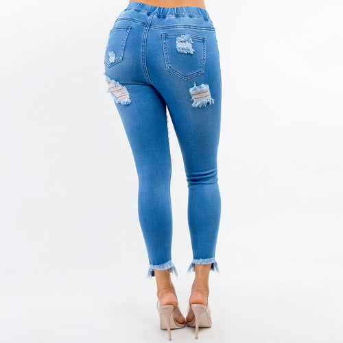 (S-3x) High Waist Frayed Denim Joggers