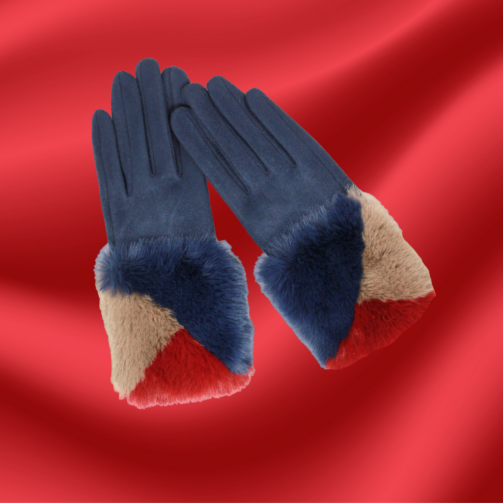 Touchscreen Faux Fur Trimmed Navy Gloves
