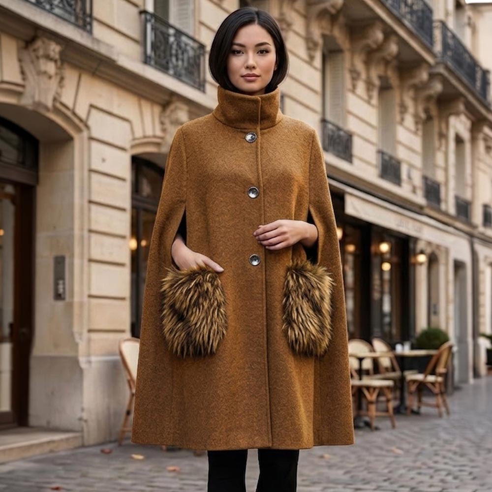 Faux Fur Pocketed Cape (Camel Brown) - September Arrival